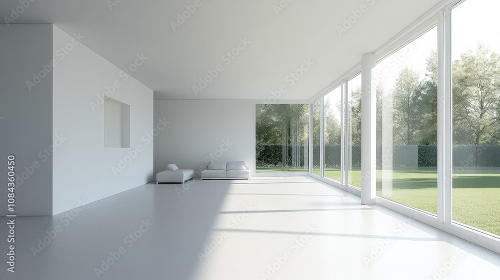 Obraz premium A spacious living room features bright natural light streaming through large windows, creating an inviting atmosphere with minimal furnishings. Generative AI