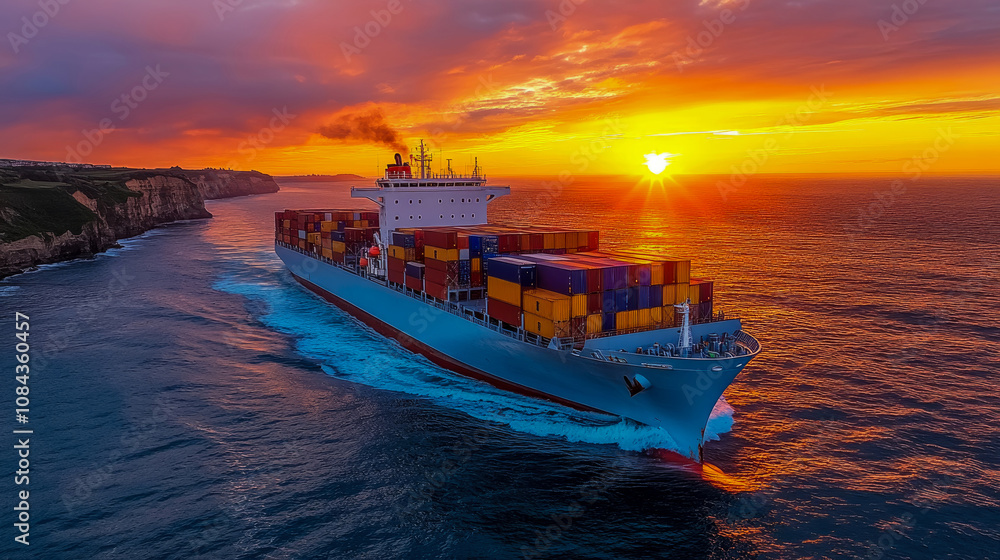 Obraz premium A cargo ship travels across the ocean, illuminated by the colorful glow of a sunset with clouds above coastal cliffs