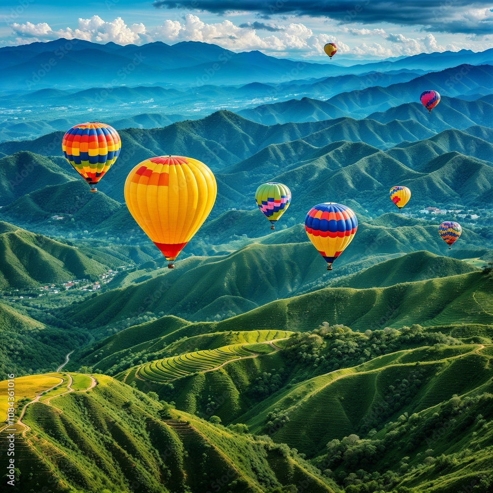 Fototapeta premium Balloon in the clouds. Place for text.