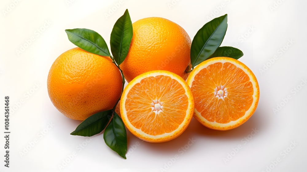 Orange fruit citrus isolate on white background Whole orange and slice with leaves AI Generated Orange fruit citrus isolate on white background Whole orange and slice with leaves AI Generated