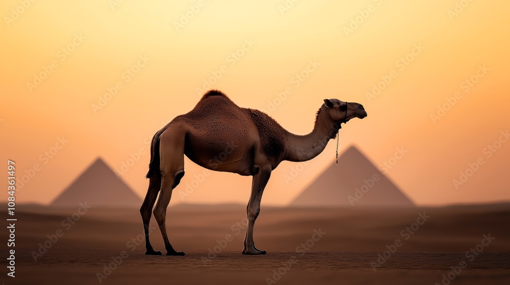 Silhouette of a camel in the desert with pyramids in the background during a sunset or sunrise Silhouette of a camel in the desert with pyramids in the background during a sunset or sunrise
