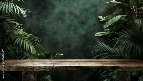 Empty table for product display montages with palm leaves and green background photo