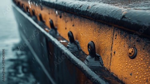 Close-up of a wet metal surface with rivets and raindrops, featuring a rusty orange color, partially on a body of water in the background. photo