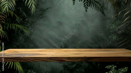 Empty table for product display montages with palm leaves and green background photo