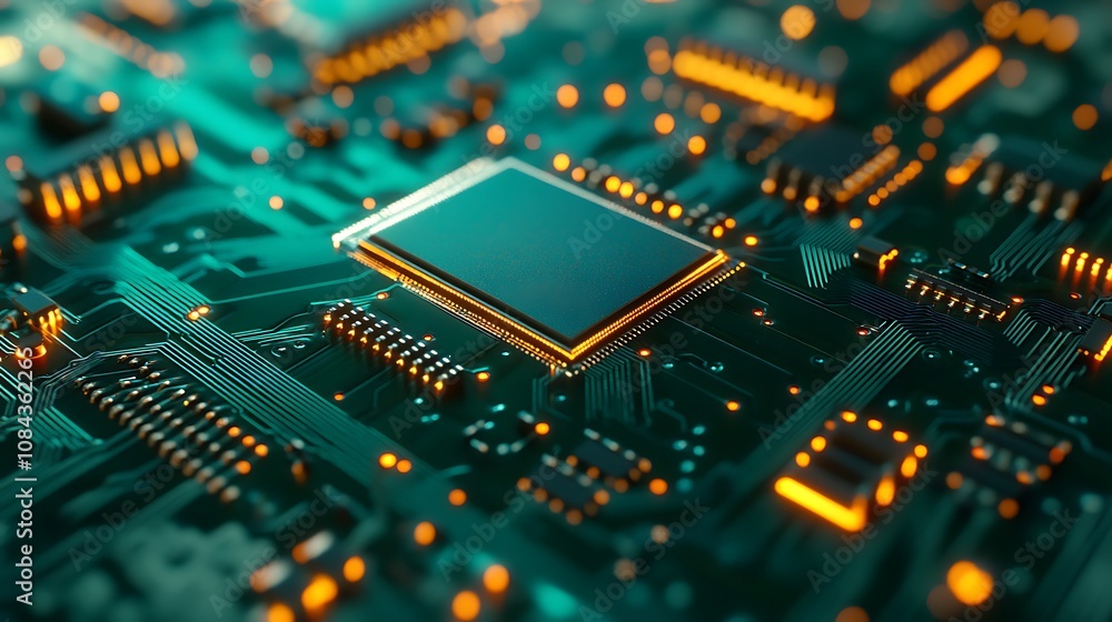 Obraz premium Advanced circuit board closeup with prominent processor and tech details.