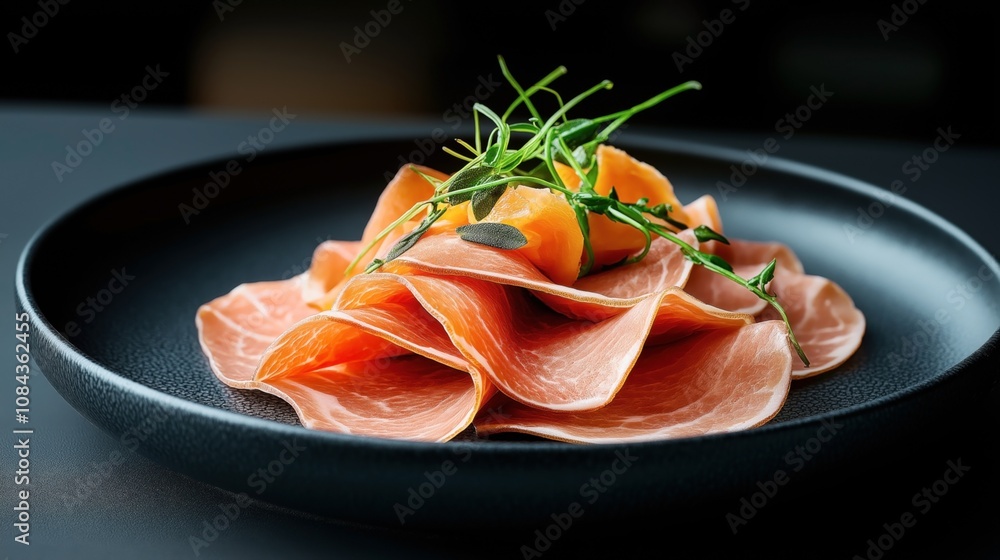 Slices of cured ham delicately arranged on a black plate, garnished with fresh green herbs and ripe melon pieces, presented against a dark background. Slices of cured ham delicately arranged on a black plate, garnished with fresh green herbs and ripe melon pieces, presented against a dark background.