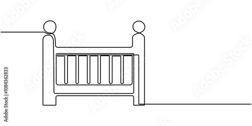 Continuous Line Drawing of Baby Crib Icon. Hand Drawn Symbol Vector Illustration. baby cot bassinet, Baby cot for newborns one line art. Continuous line drawing of childhood, safety, protection, crib