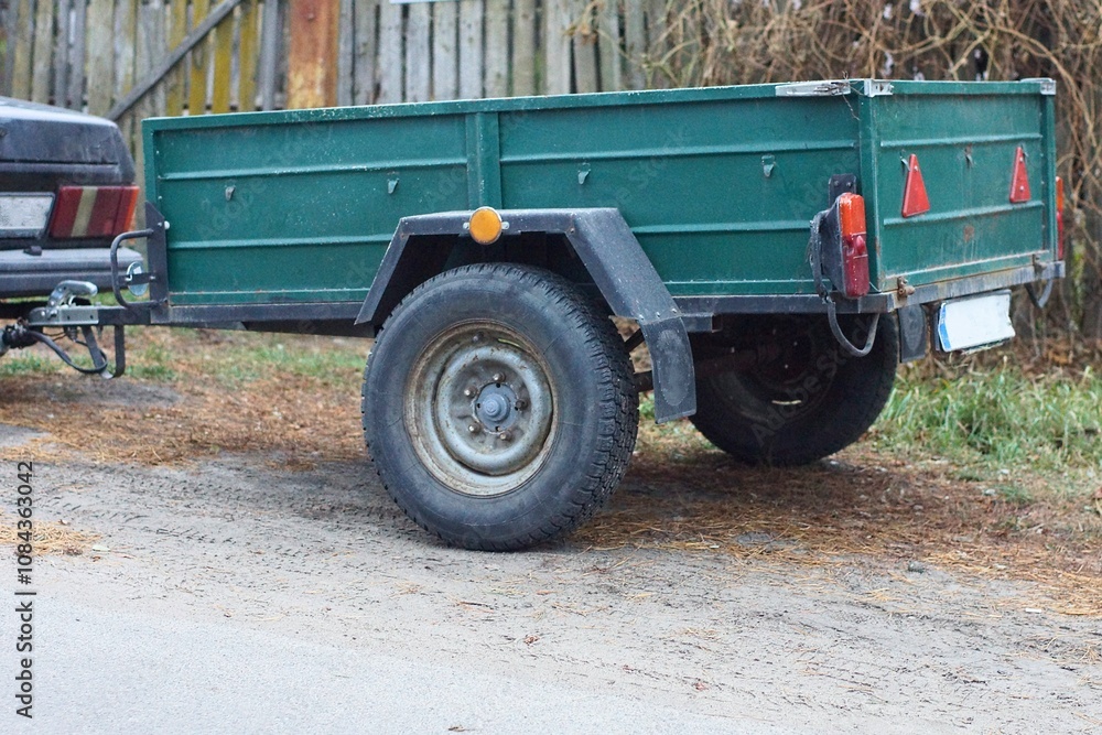 Obraz premium one iron old industrial rusty green dirty two-wheeled empty open square trailer with part of a car stands on the road near a wooden fence during the day on the street 