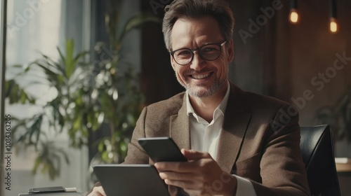 Smiling mature businessman holding smartphone sitting in office. Middle aged manager ceo using cell phone mobile apps and laptop. Digital technology applications and solutions for business developmen photo