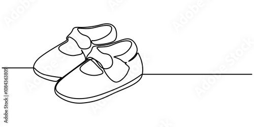 One continuous single line of baby shoes isolated on white background. Children s slippers, shoes, booties one line art. Continuous line drawing of clothes, dress, children s, wardrobe, dress up, neat