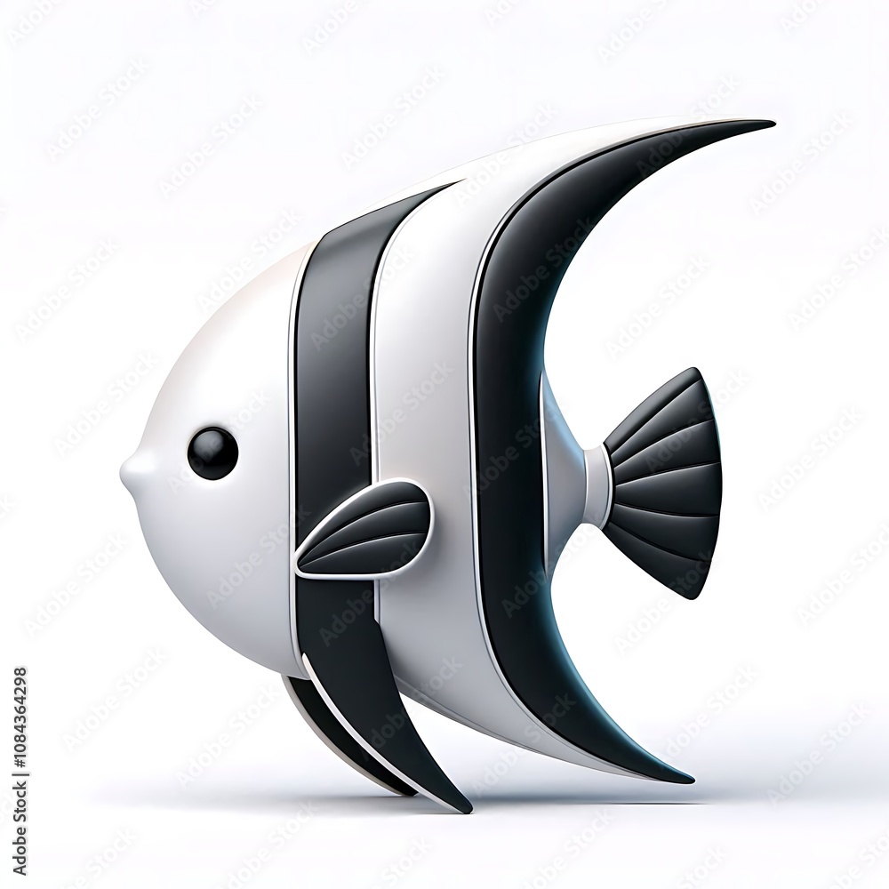 Fototapeta premium 3D Render Angelfish with Black and Silver Stripes on White background 