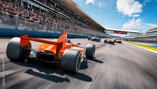 orange Formula One car in the lead, with other cars behind it at speed on a race track