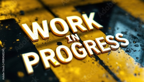 Bold 'Work in Progress' text on a textured, yellow-and-black, industrial background, conveying a strong message of caution and ongoing construction.