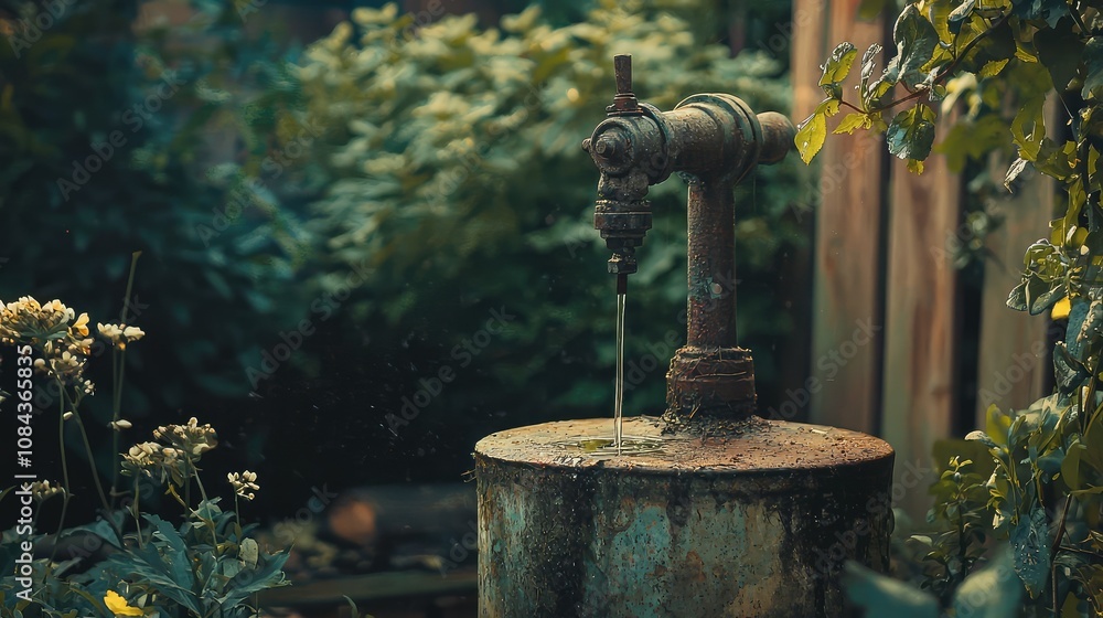 Fototapeta premium Vintage Hand Pump Surrounded by Greenery