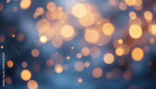 Ethereal golden bokeh lights against a soft blue background, creating a dreamy and tranquil atmosphere.