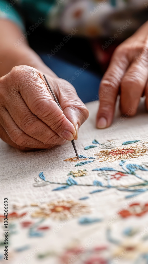 Obraz premium Hands sewing decorative patterns - craftsmanship and creativity for textile design