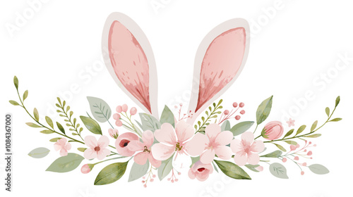 Cute bunny ears adorned with pink flowers and green leaves create a delightful springtime decoration for any festive occasion