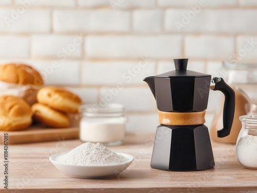 Coffee brewing in a moka pot on a cafe counter, surrounded by bakery ingredients like flour and sugar photo