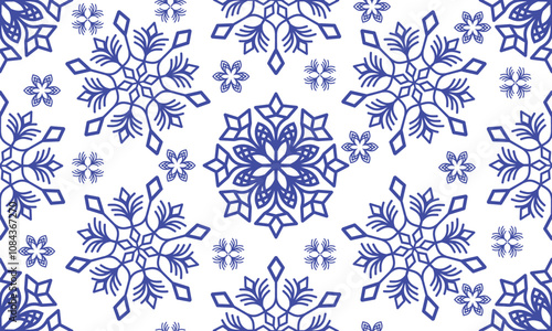 Vector seamless Christmas hand drown monochrome pattern with dark blue snowflakes on a transparent background