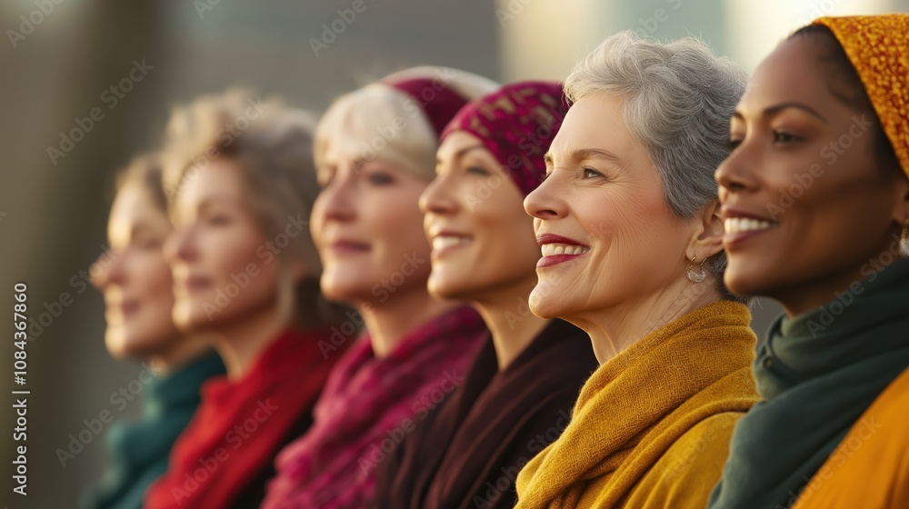 Obraz premium Women in colorful scarves smiling at golden hour. Age diversity unity concept