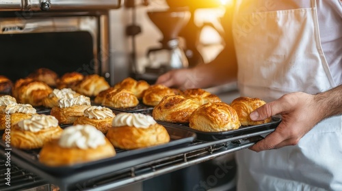 Baker pulling a fresh tray of pastries from the oven, coffee machine steaming in the background photo