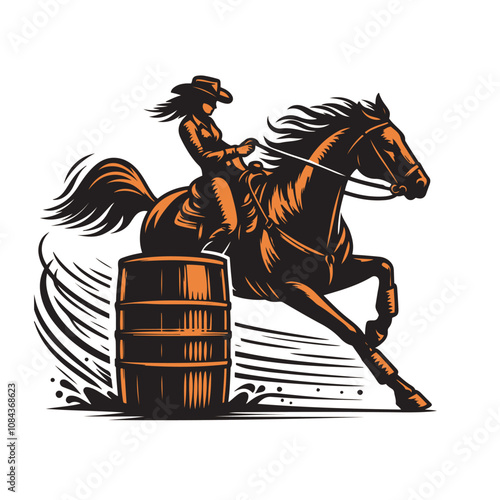 A cowgirl riding a  horse in a barrel racing competition