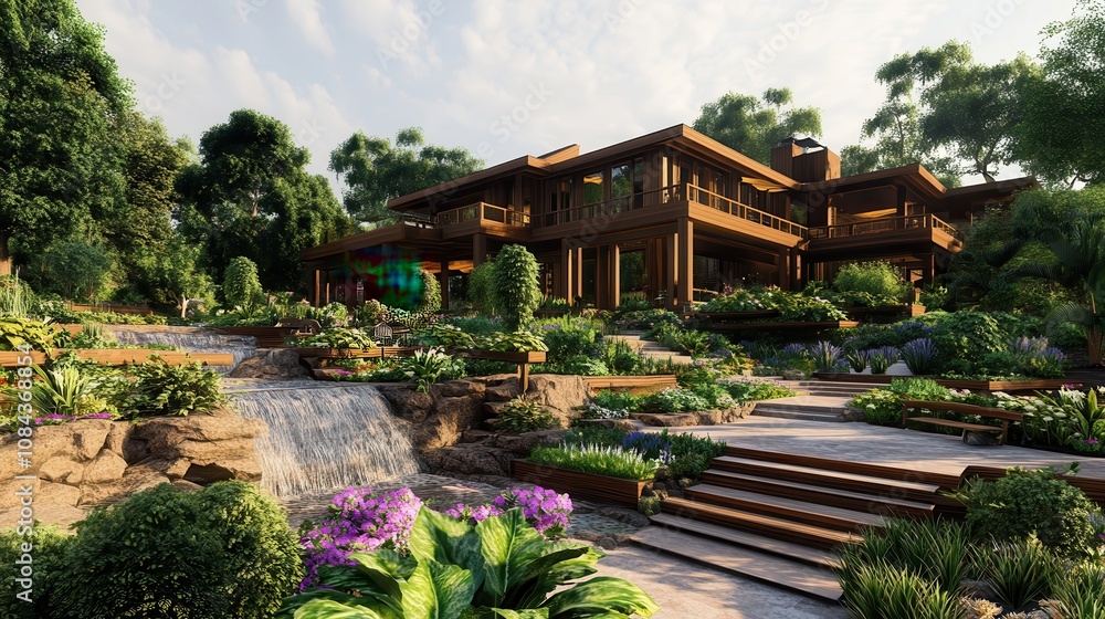 Obraz premium Large Wooden House with Waterfall and Gardens