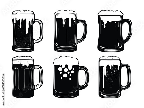 Black silhouette Glass mug of beer. Hand drawn vector illustration isolated on white.