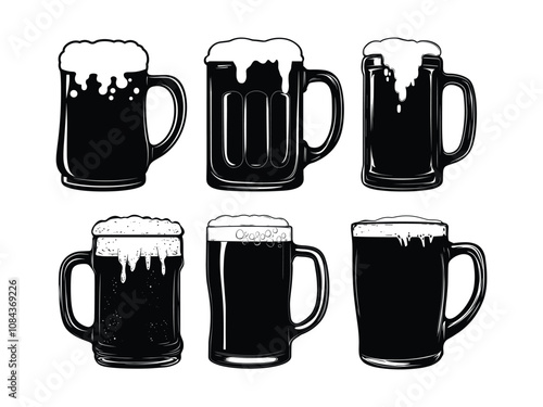 Black silhouette Glass mug of beer. Hand-drawn vector illustration isolated on white.