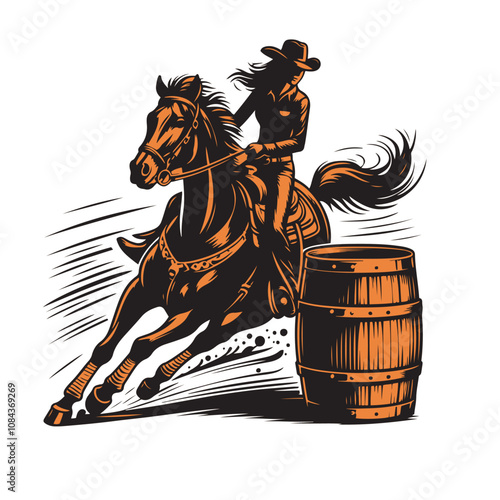 A cowgirl riding a  horse in a barrel racing competition