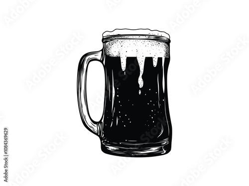Black silhouette Glass mug of beer. Hand drawn vector illustration isolated on white.