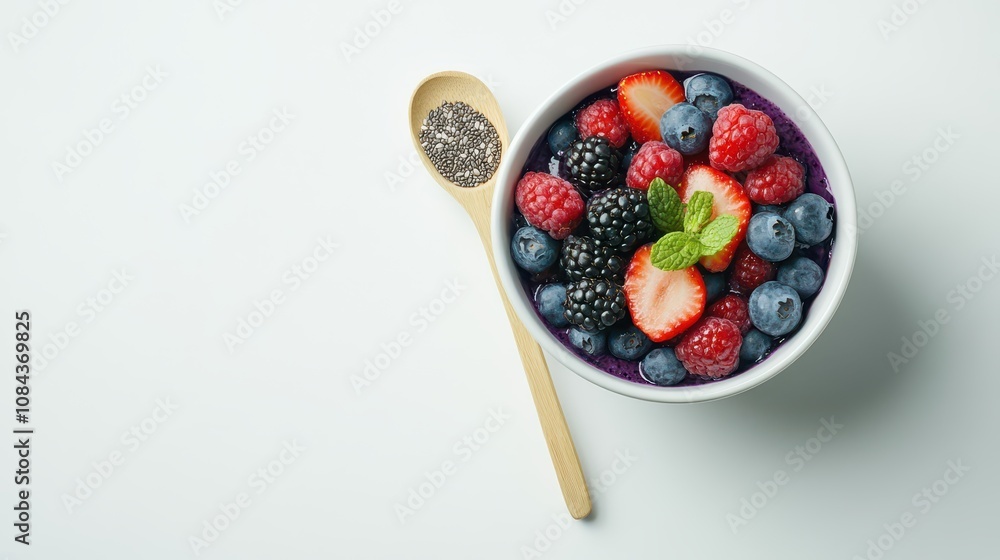 Mixed Berry Acai Bowl in White Ceramic: Professional Flat Lay Food Photography with Chia Seeds and Wooden Spoon, Clean Composition and Natural Studio Lighting. Mixed Berry Acai Bowl in White Ceramic: Professional Flat Lay Food Photography with Chia Seeds and Wooden Spoon, Clean Composition and Natural Studio Lighting.