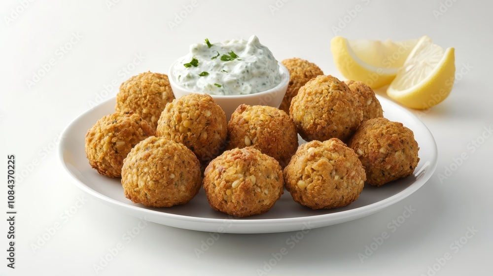 Baked Falafel Balls on White Plate: Professional Food Photography with Tzatziki and Lemon, Clean Composition, Sharp Focus, and Natural Lighting. Baked Falafel Balls on White Plate: Professional Food Photography with Tzatziki and Lemon, Clean Composition, Sharp Focus, and Natural Lighting.
