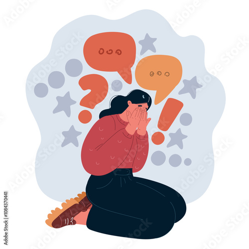 Cartoon vector illustration of a woman crying on her knees on the floor, concept of sorrow and emotional pain