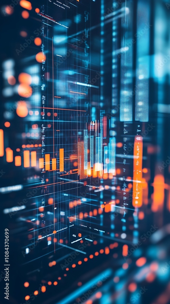 Fototapeta premium Glowing digital graph highlights financial trends in vertical wallpaper style.