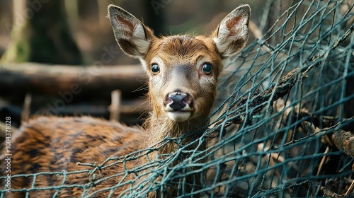 Fearful Deer Trapped in Net with Wide Eyes photo