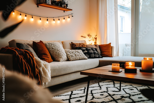 Salon confortable, avec canapé et coussins, décoré avec une  guirlande lumineuse photo