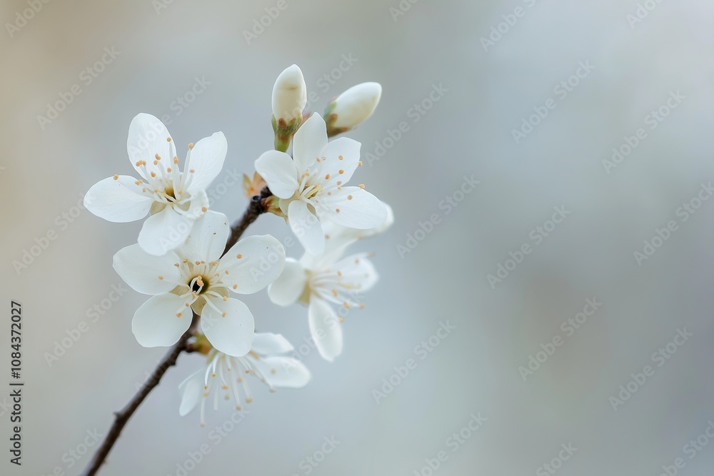 Charming white blossoms delicately perched on a branch, creating a picture of peace and natural beauty. Charming white blossoms delicately perched on a branch, creating a picture of peace and natural beauty.