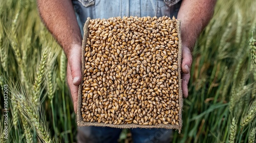 Farmer Holding Bundle of Malt Grains in Field photo