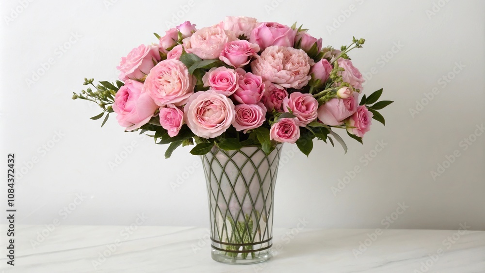 A fresh bunch of pink peonies and roses arranged in a vase with elegant lines and modern style, vases, home decor, floral design, roses A fresh bunch of pink peonies and roses arranged in a vase with elegant lines and modern style, vases, home decor, floral design, roses