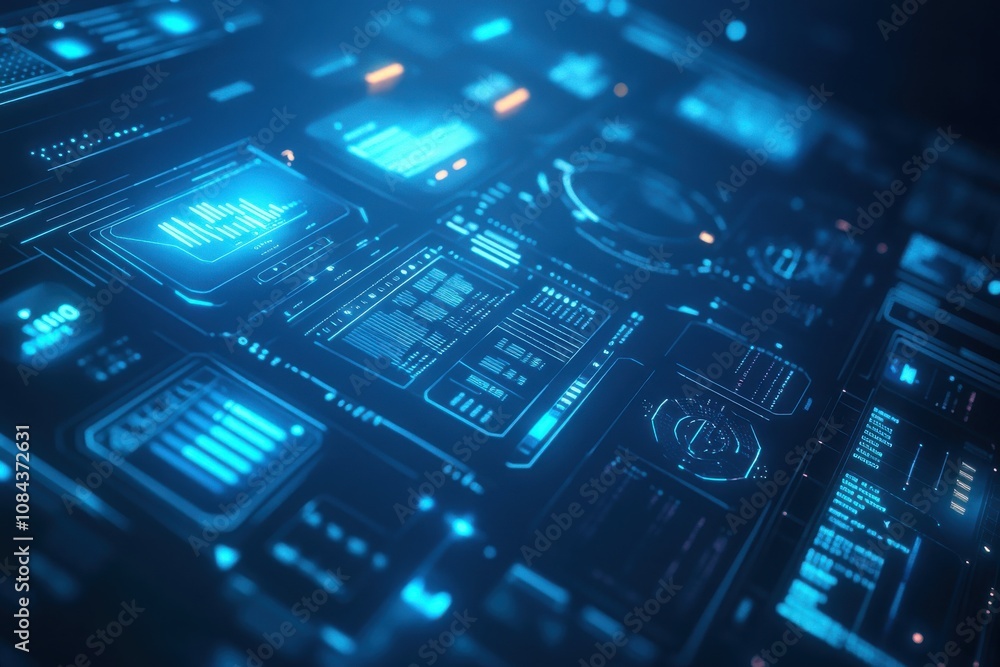 Futuristic digital interface with glowing blue elements and data displays. Futuristic digital interface with glowing blue elements and data displays.