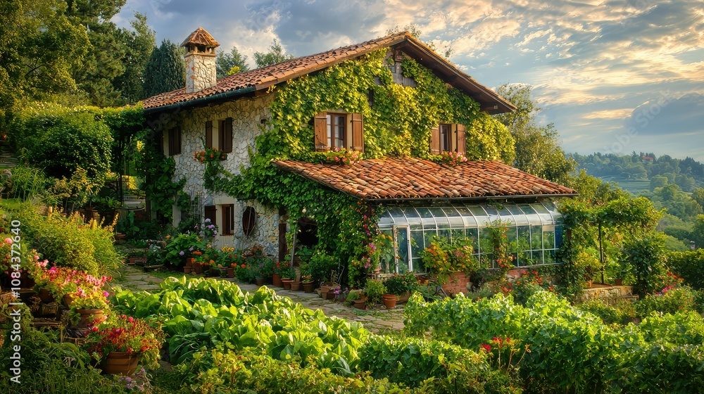 Charming Farmhouse Surrounded by Lush Vegetable Garden Charming Farmhouse Surrounded by Lush Vegetable Garden