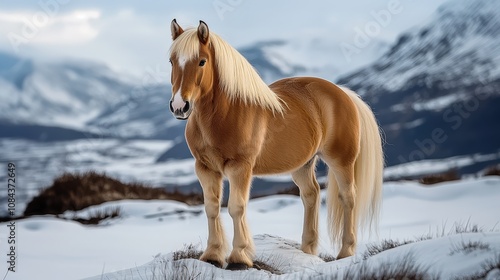 Beautiful Norwegian Fjord Horse Running Through Snowy Winter Landscape