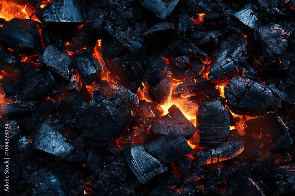 Fototapeta premium Glowing embers among blackened coal, showcasing heat and energy.