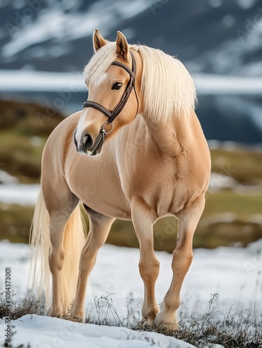Beautiful Norwegian Fjord Horse Running Through Snowy Winter Landscape