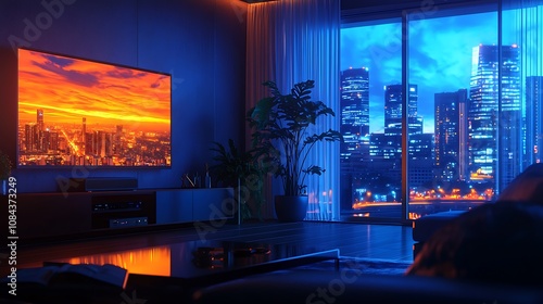 Modern living room with a smart TV mounted on the wall at night, featuring panoramic windows and a city view. High-resolution photography, detailed illustration, bright natural lighting, blue and