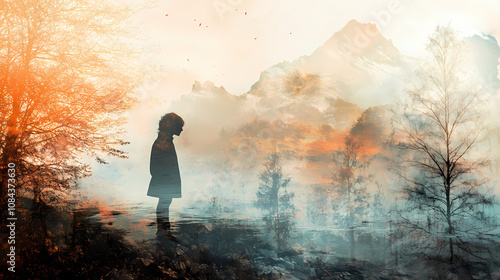 Tranquility and anxiety in a captivating double exposure photograph. using cleverly layered landscape. Melancholy. Illustration photo