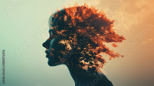 Tranquility and anxiety in a captivating double exposure photograph. using cleverly layered landscape. Melancholy. Illustration