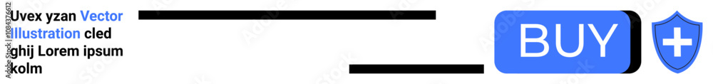 Blue BUY button with a shield and white cross icon representing security. Text section with placeholder text. Ideal for secure transactions, online stores, safety, purchase, e-commerce, landing Blue BUY button with a shield and white cross icon representing security. Text section with placeholder text. Ideal for secure transactions, online stores, safety, purchase, e-commerce, landing