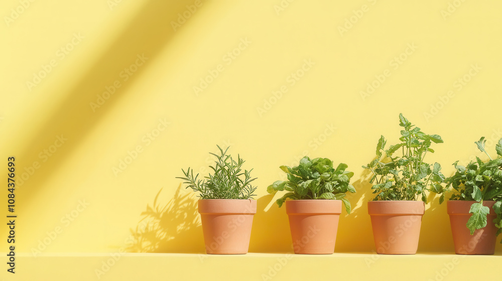 Studio shot of fresh herbs and vegetables in terracotta pots against a vibrant yellow wall Studio shot of fresh herbs and vegetables in terracotta pots against a vibrant yellow wall
